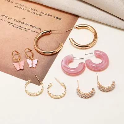 Korean Fashion Pink Butterfly Drop Earrings Set